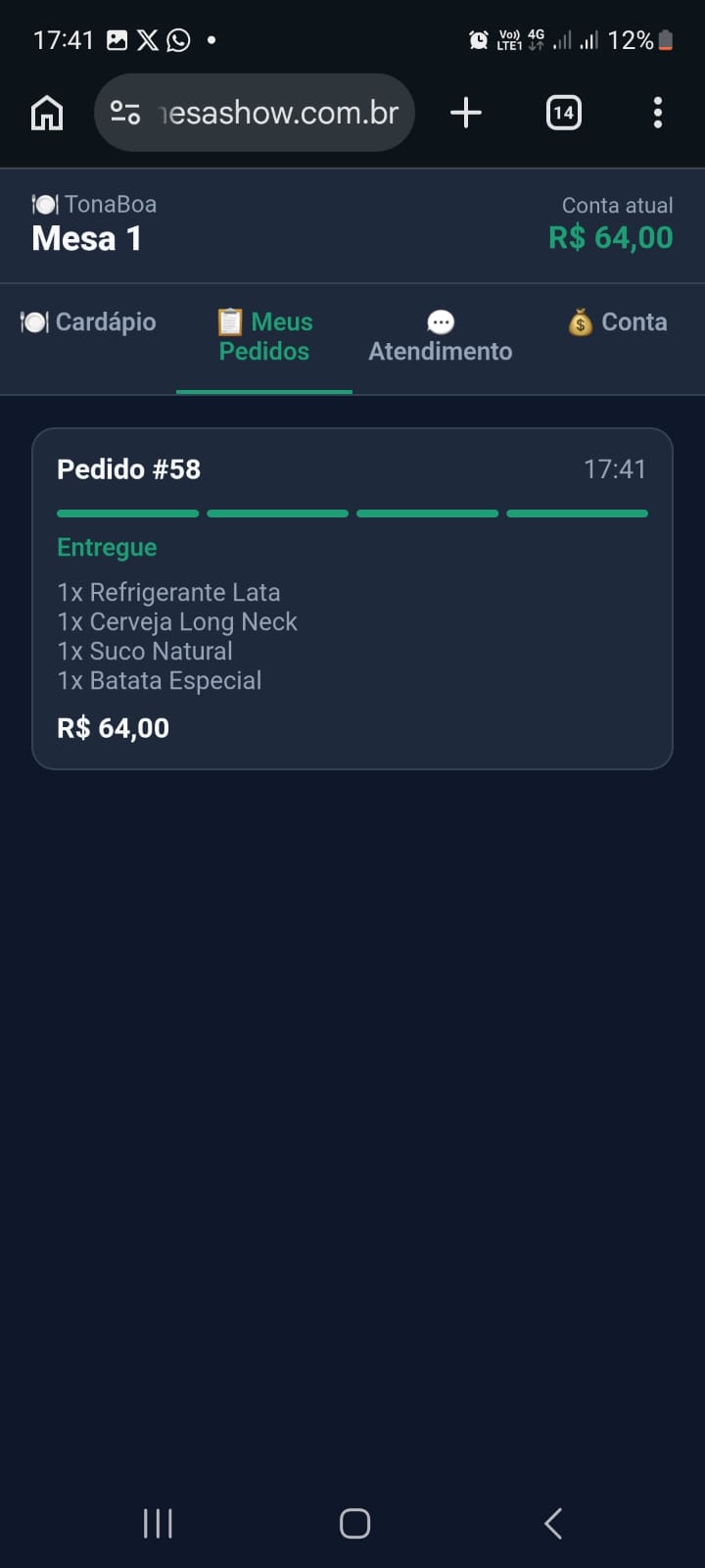 Tela do cliente acompanhando pedidos no Mesa Show