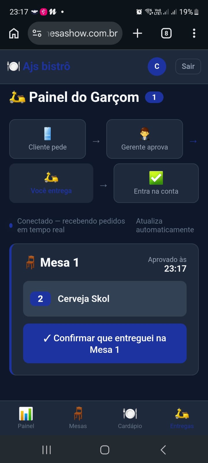Tela mobile do garçom com pedido para entrega