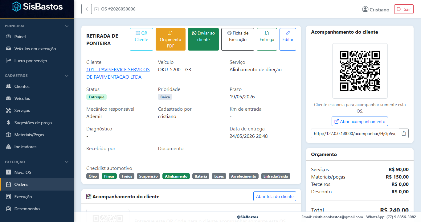 Orçamento com envio por WhatsApp no SisBastos OS