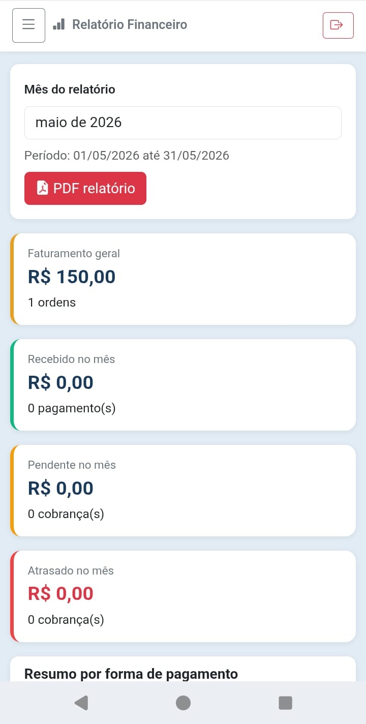 Relatório financeiro mobile do sistema de tornearia